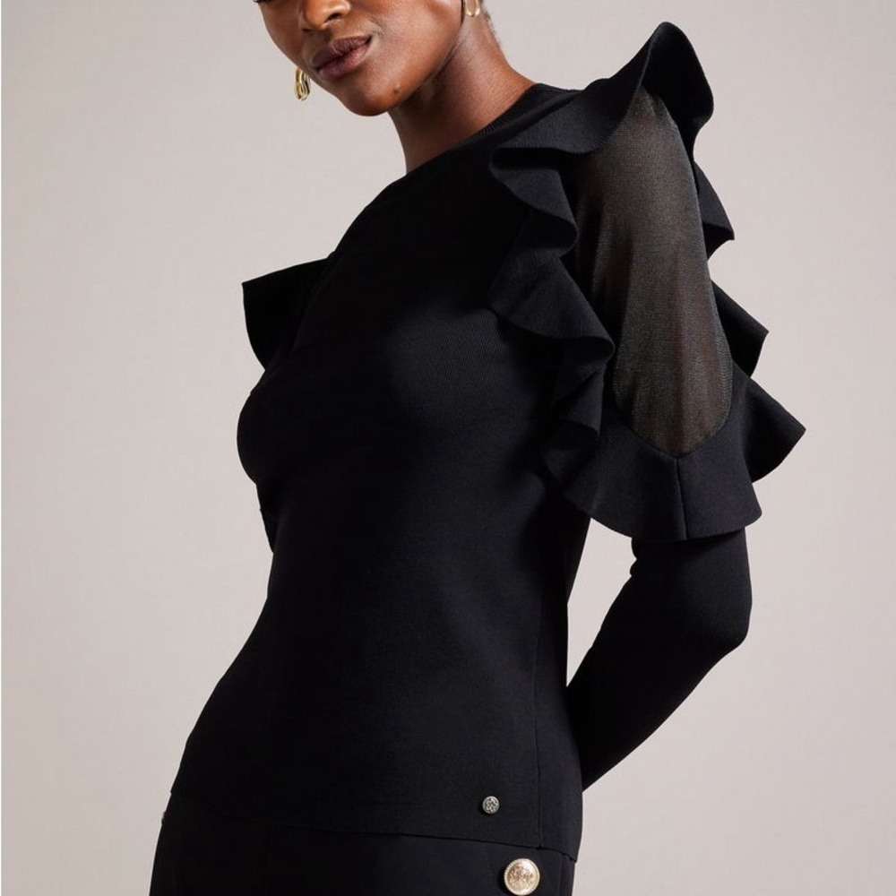 TED BAKER Black Floraas Sheer Shoulders Fitted Knit Top - Picture 2 of 9